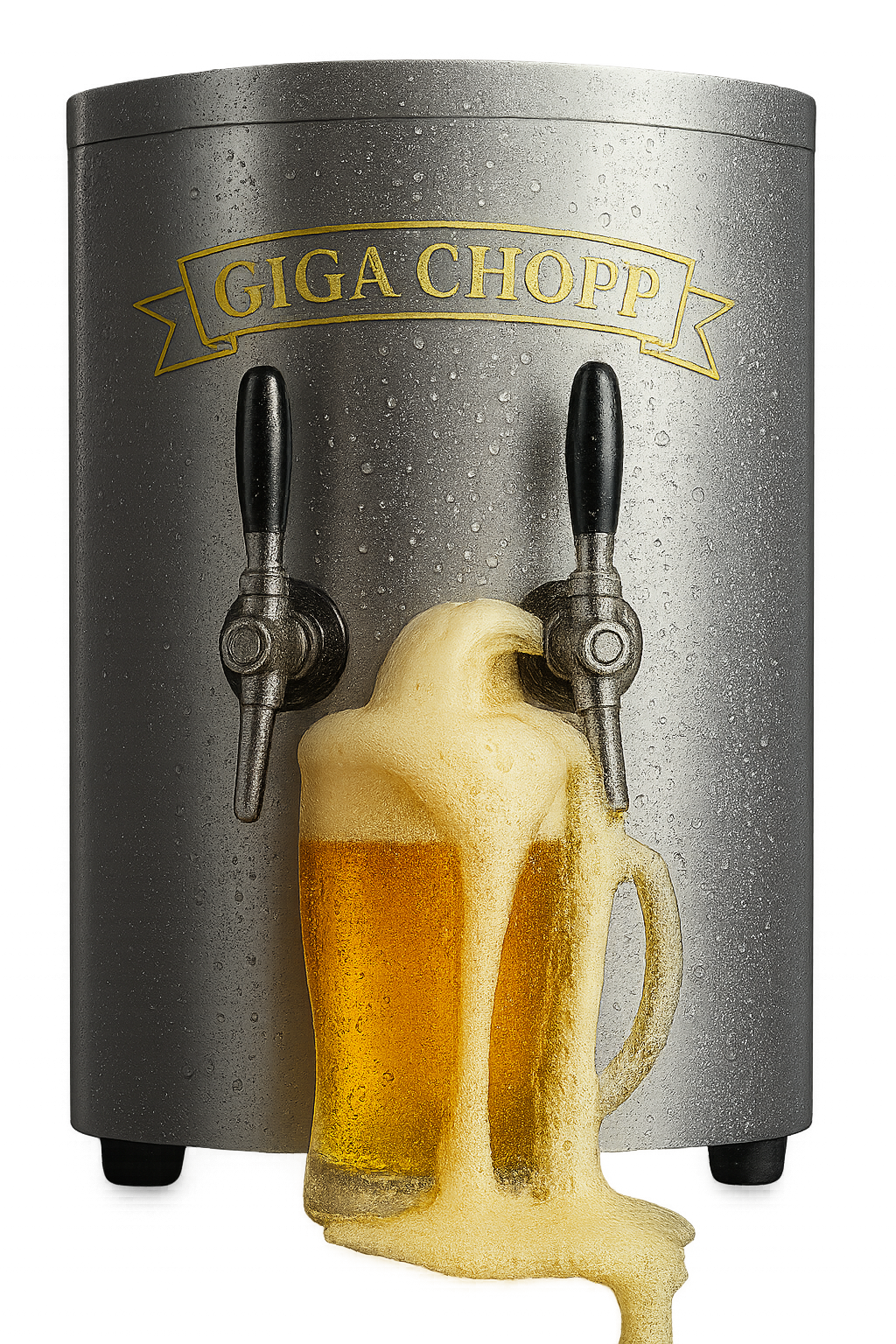 Choppeira com um belo copo de chopp transbordando e bem gelado da marca giga chopp prudente